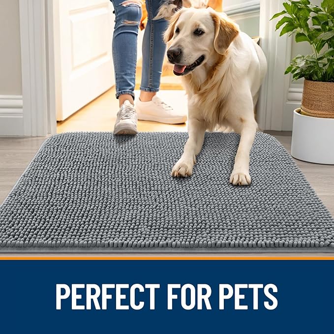 OLANLY Dog Door Mat for Muddy Paws 48x30, Absorbs Moisture and Dirt, Absorbent Non-Slip Washable Doormat, Quick Dry Chenille Mud Mat for Dogs, Entry Indoor Entryway Carpet for Inside Floor, Grey