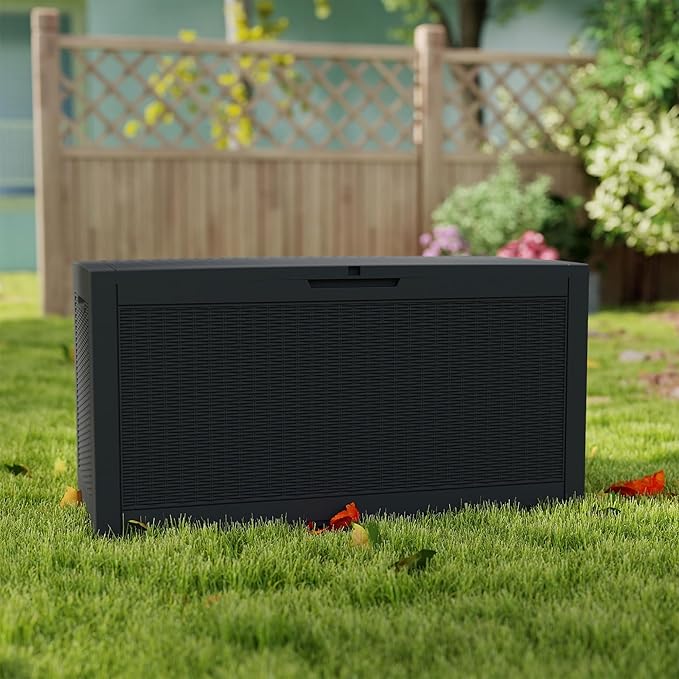 100 Gallon Outdoor Storage Box Waterproof, Resin Deck Boxes with Lockable Lid & UV-Resistant for Patio, Pool, Garden Furniture Cushions & Accessories, Black