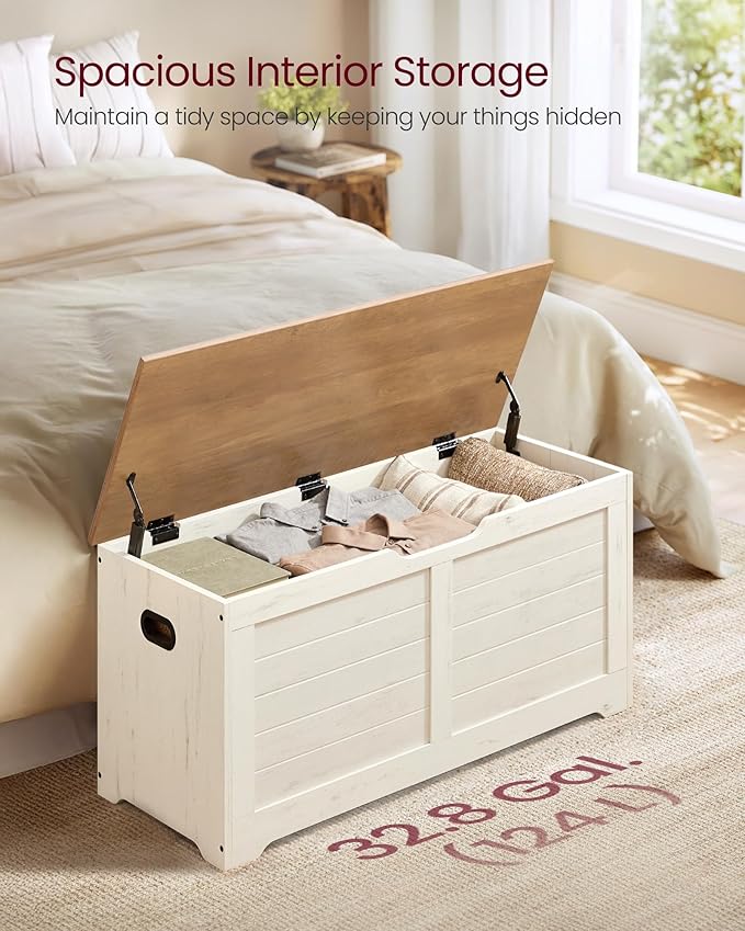 VASAGLE Storage Chest, Storage Bench with 2 Safety Hinges, Farmhouse Style, 15.7 x 39.4 x 18.1 Inches, for Entryway, Bedroom, Living Room, Honey Brown and Rustic White ULSB061WJ02S