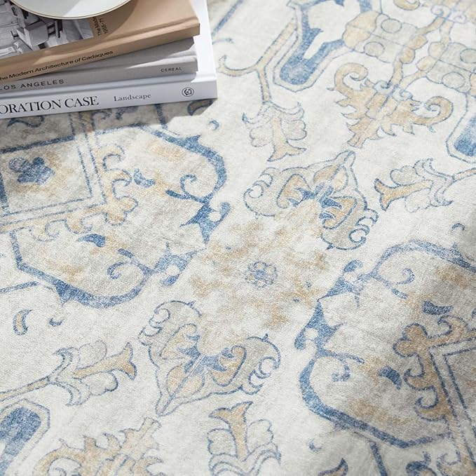 jinchan Round Rug 5ft Area Rug Indoor Vintage Floral Circle 5' Washable Ultra-Thin Low Pile Soft Small Non Slip Distressed Print for Living Room Dining Room Bedroom Entryway Blue