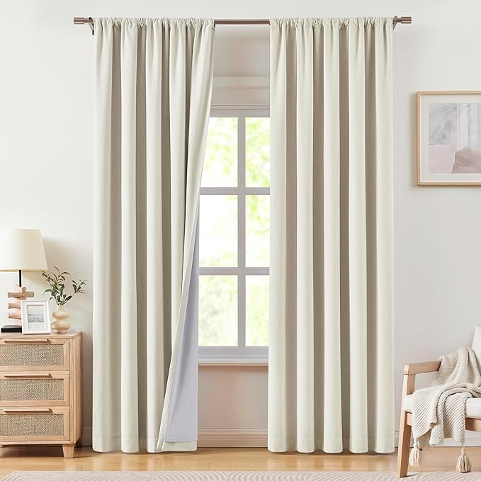 Vision Home Natural Linen Full Blackout Curtains 95 inch Long for Bedroom Living Room Darkening Light Blocking Window Panels Thermal Insulated Rod Pocket Back Tab Neutral Drapes 56" Wx95 Lx2
