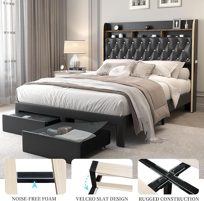 King LED Bed Frame with 2 Storage Drawers, PU Upholstered Platform Beds with Galaxy Star Projector Charging Station Speaker, Aurora Bedframe with 2-Tier Storage Headboard, Noise-Free, Black