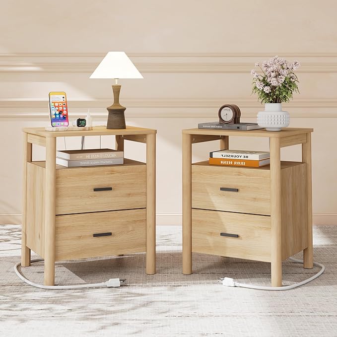 FavourLife Night Stand Set 2, 20" Wide Nightstands Set of 2, Modern Nightstand with Charging Station, 2 Drawer Wooden End Table with Solid Round Post Legs, Large Bedside Table for Bedroom, Natural Oak