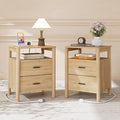FavourLife Night Stand Set 2, 20" Wide Nightstands Set of 2, Modern Nightstand with Charging Station, 2 Drawer Wooden End Table with Solid Round Post Legs, Large Bedside Table for Bedroom, Natural Oak