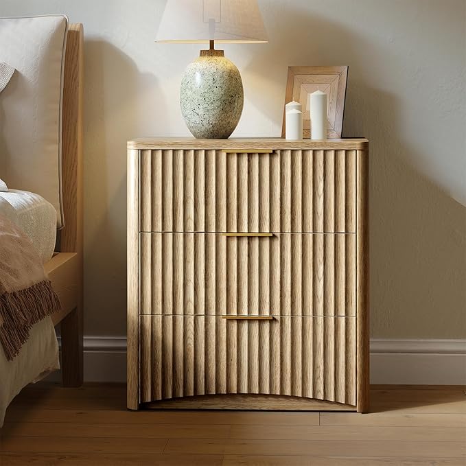 Evermagin Fluted Nightstand, Natural Oak Bedside Table with 3 Drawers, Wood End Table with Storage Mid Century Modern, Large Night Stand for Bedroom