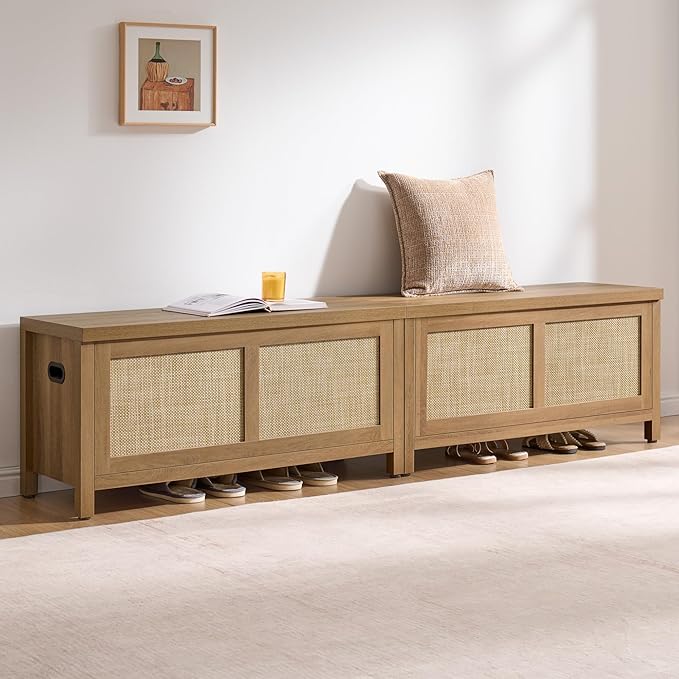 SICOTAS Rattan Storage Chest Set of 2-39.4" Storage Bench for Bedroom, Boho Storage Truck with 2 Safety Hinges and Flip Top for Living Room Entryway, Supports 220 lb, Oak, 2 PCS
