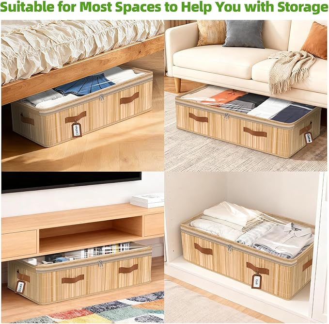 Livole 2 Pack Bamboo Under Bed Storage, 6 inches Underbed Storage Containers, 56L XXL Under Bed Storage Bins with Clear Lid & Label for Clothes, Blankets, Sweater, Shoes