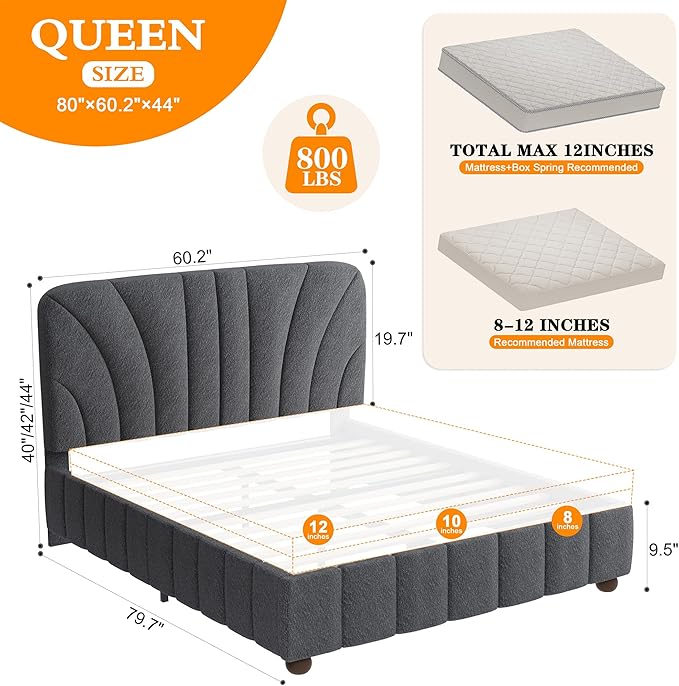 Queen Size Boucle Bed Frame Upholstered Bed Frame Queen with Adjustable Headboard, Solid Wood Slats Support, Bed for Bedroom Apartment, Dorm, No Box Spring Needed, Easy Assembly, Noise-Free, Grey
