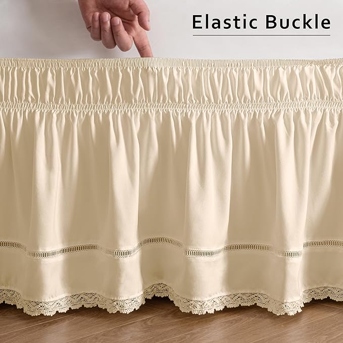 MIYE Wrap Around Ruffled Lace Bed Skirt, Elastic Dust Ruffle with Adjustable Belts, Easy to Put On, Bed Frame Cover, Machine Washable (Floral Lace/Light Beige, King/Queen-15 Drop)