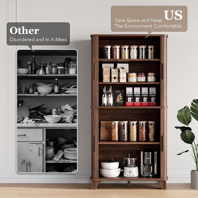 69" Tall Kitchen Pantry Storage Cabinet with Sliding Door, Modern Curved Edge Pantry Storage Cabinet with 5 Shelves, Cupboard for the Kitchen, Dining Room, Bedroom, Living Room, Office (Walnut)