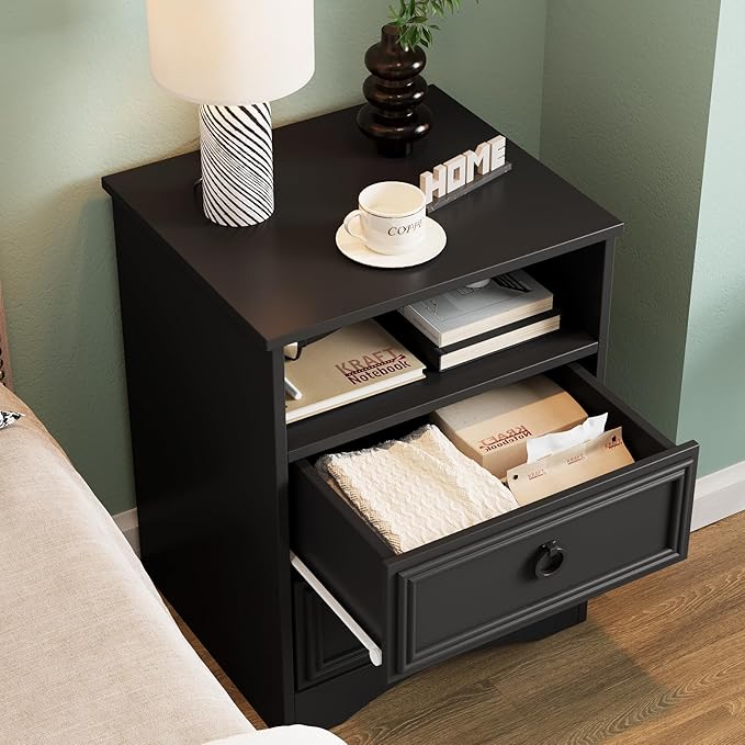 Set of 2 Large Night Stand with Drawers, 17.7" W Nightstand with 2 Drawers, Accent Bed Side Table and End Table with Large Open Storage for Bedroom, Living Room,Black