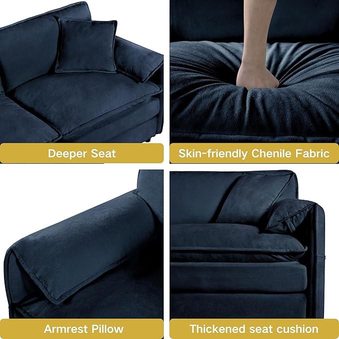 KEIKI Oversized Accent Chair Set of 2, Chenille Deep Seat Single Sofa Chairs with Side Pockets, Modern Upholstered Armchair for Bedroom, Living Room, Apartment, Blue