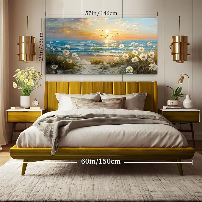 SERIMINO Large Canvas Wall Art Prints, Ocean Sunset Landscape Canvas Prints Paintings, Coastal Daisy Paintings Decor, Seaside Wildflowers Wall Decor for Bedroom Living Room Dining Room 29"X57"