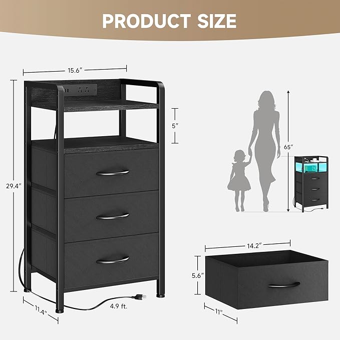 Night Stand Bedside Charger Bedroom - Nightstand with Charging Station & LED Light Strip, Night Stand with Storage Shelf & 3 Fabric Drawers, Morden End Table with U-S-B Ports & AC Outlets