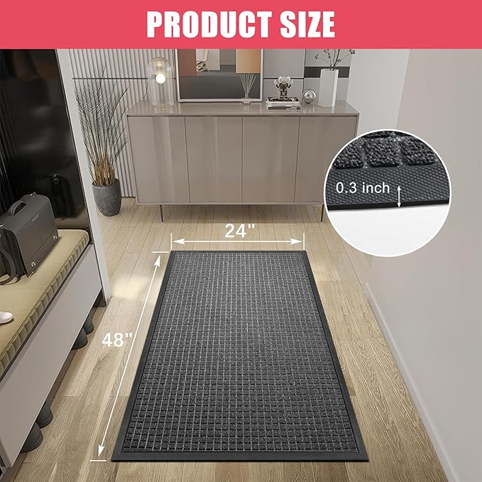 Kuyal Front Door Mat, 2'*4' Door Mat for Inside Outside Entrance,Waterproof Welcome Mats with Non-Slip Backing, Indoor Outdoor Entryway, Commercial Floor Mats, Durable & Easy to Clean, Dark Gray