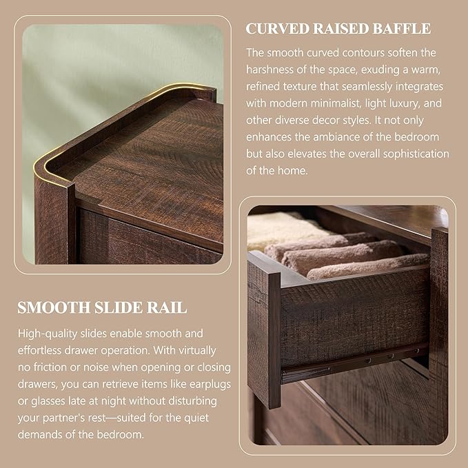 Modern 5 Drawer Dresser for Bedroom, Wooden Chest of Drawers with Curved Profile Design, 39.6" Tall Wood Dresser with Golden Metal Handle for Bedroom, Living Room, Hallway, Brown