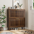 Vibe & Dine Shoe Cabinet with 2 Flip Drawers, Narrow Shoe Rack with Gold Handles, Free Standing Shoe Storage Cabinet for Entryway Slim, Wood Shoe Organizer Cabinet for Hallway, Bedroom, Walnut