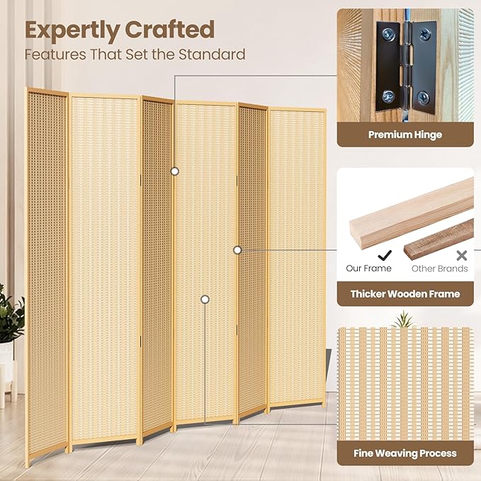 6 Panel Room Divider and Folding Screen,Bamboo Room Divider for Room Separation,67" H x 92.1" W