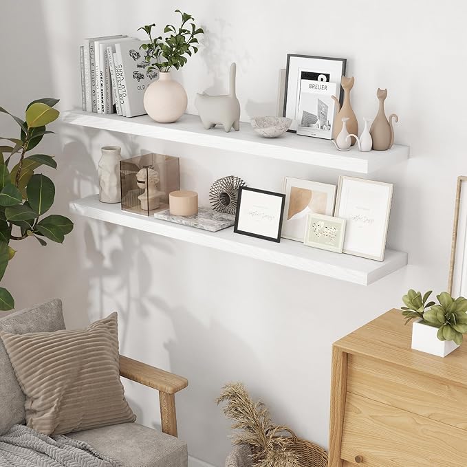 Fun Memories 55 Inch Floating Shelves for Wall Set of 2, 55x9.3 Large Floating Shelf for Bedroom, Kitchen, Bathroom, Wall Mounted Rustic Wood Shelves with Invisible Bracket for Books, Decor, White