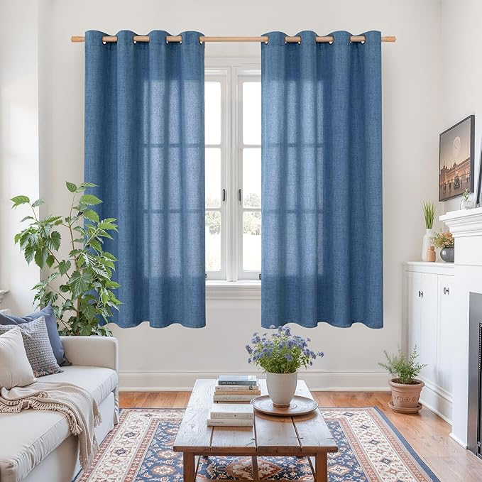 YoungsTex Navy Linen Curtains 63 Inch Length for Living Room, Dark Blue Semi Sheer Drapes Light Filtering with Bronze Grommet Privacy for Bedroom Decorative, 52 x 63 Inch, 2 Panels