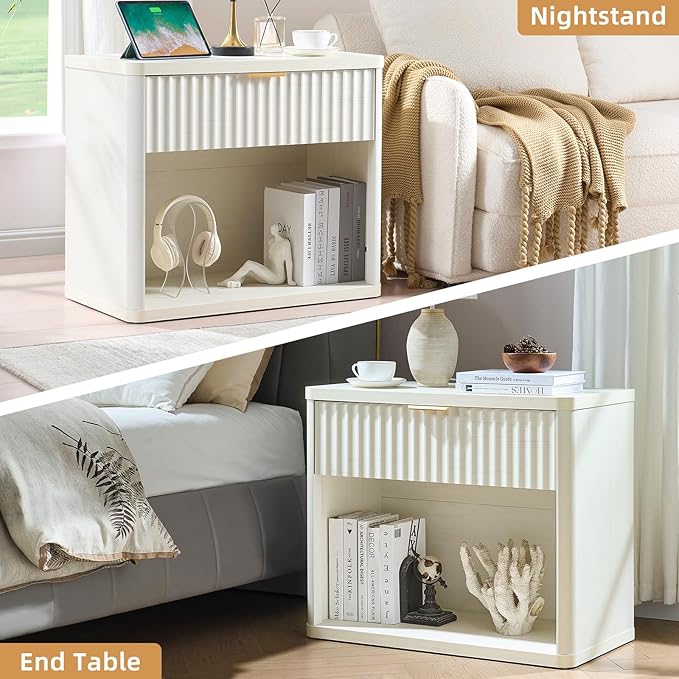 LEYAOYAO 31" Wide Fluted Nightstand with Charging Station, Oversized Extra Large 1 Drawer Night Stand with Golden Handle, White Wood Bedside Table Tall End Tables,for Bedroom, Living Room, Hallway