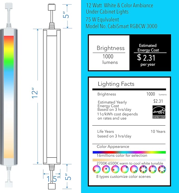 Smart Under Cabinet Lighting Strip Lights White and Multi Color Work With Amazon Alexa Google Home Dimmable for Show Case, TV Back Lights, Kitchen Counter, Book Case, Under Bed (3 Lights Bar kit)