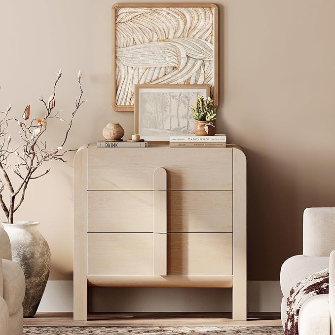 WAMPAT 3 Drawer Dresser for Bedroom,31.5" Wide Mid Century Modern Wide Chest of Drawer, Wood Tall Nightstand with Curved Edge Handles, Closet Dresser TV Stand for Bedroom, Beige