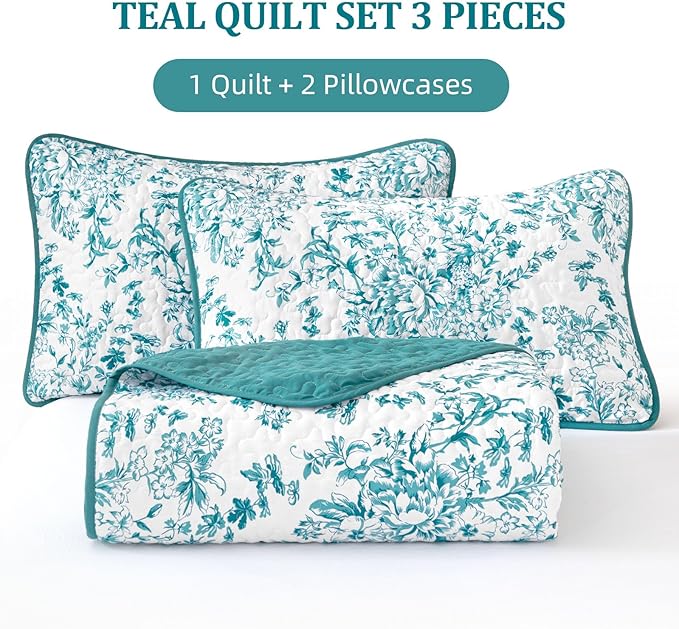 WONGS BEDDING Quilt Queen Size, Teal Quilt Bedding Set with 2 Pillowcases, Botanical Quilt for Queen Bed, Soft Microfiber Lightweight Coverlet Bedspread for All Season (96"×90", 3 Pieces)