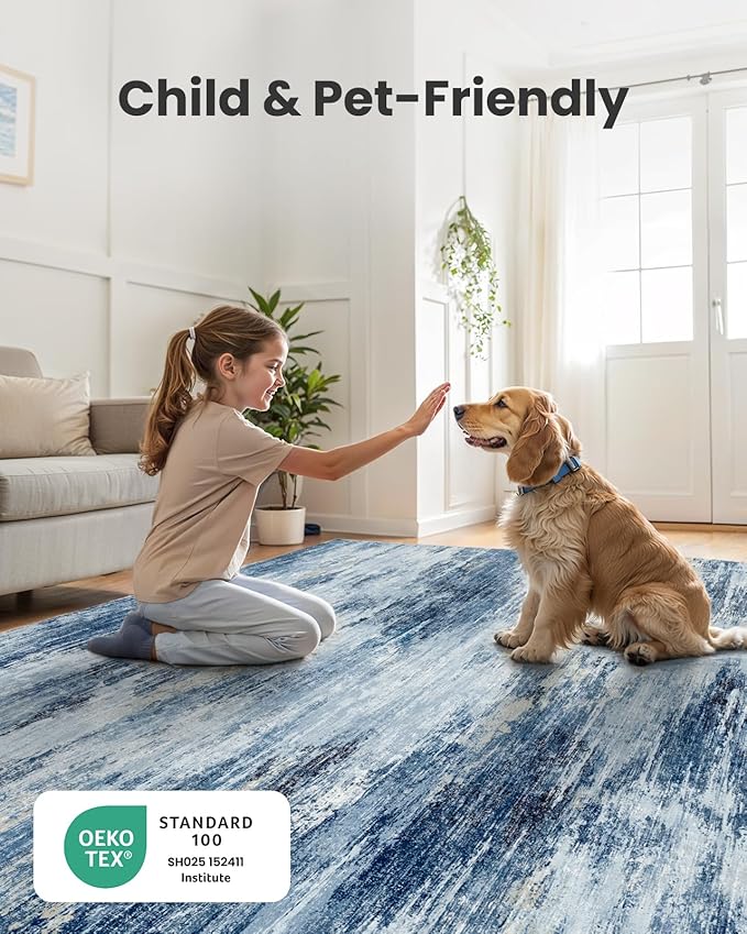 AMADA HOMEFURNISHING 9x12 Area Rugs for Living Room, Modern Large Area Rugs with Non-Slip Backing & Low Pile, Neutral Soft Washable Rug for Nursery, Bedroom, Dinning Room, Playroom, Blue