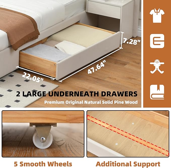 King Bed Frame with Storage & Built-in Nightstands, Velvet Upholstered Platform Bed Frame with Drawers & 2 Floating Storage Shelves, Noise-Free, No Box Spring Needed, Easy Assembly, Beige