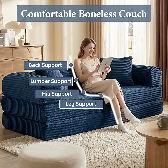 78 Inch Convertible Folding Sleeper Sofa Bed, Fold Out Floor Sofa Couch with Fixed-Shape Frame, Cloud Corduroy Foldable Mattress Couch for Living Room Bedroom (Blue)