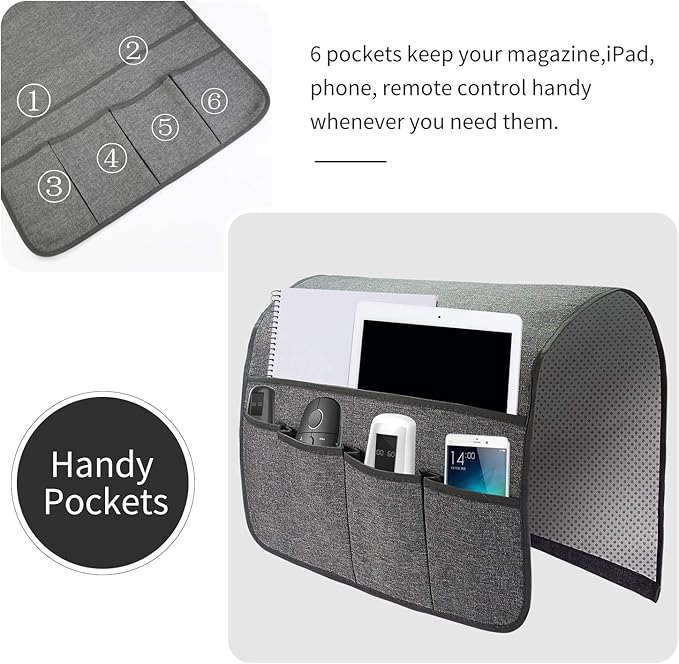 Sofa Armrest Organizer, Remote Control Holder for Recliner Couch, Arm Chair Caddy with 6 Pockets for Magazine, Tablet, Phone, iPad
