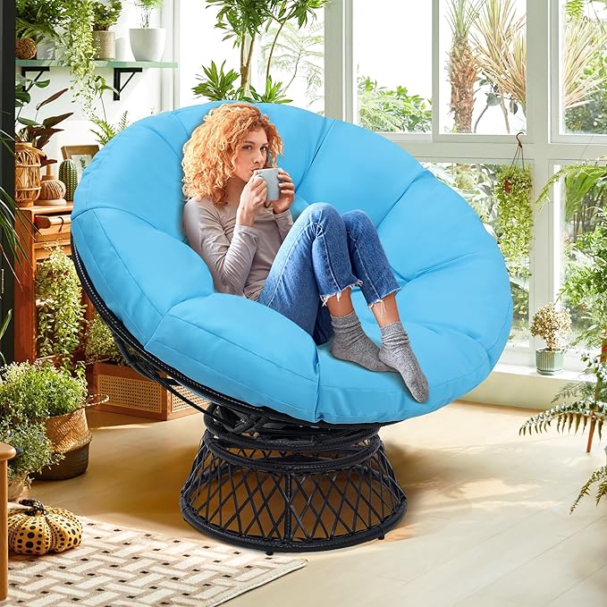 46" Giant Oversized Rattan Papasan Chair with Cushion and Frame for Adults, Fluid 360° Swivel, Waterproof, Black Frame with Blue Cushion