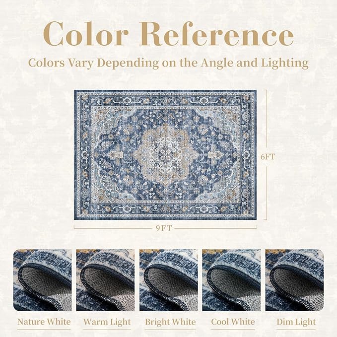 PADOOR 6X9 Area Rug,Rugs for Living Room,Soft Blue Rugs for Bedroom,Machine Washable Rug Non Slip Carpet for Dining Room Living Room Bedside Office