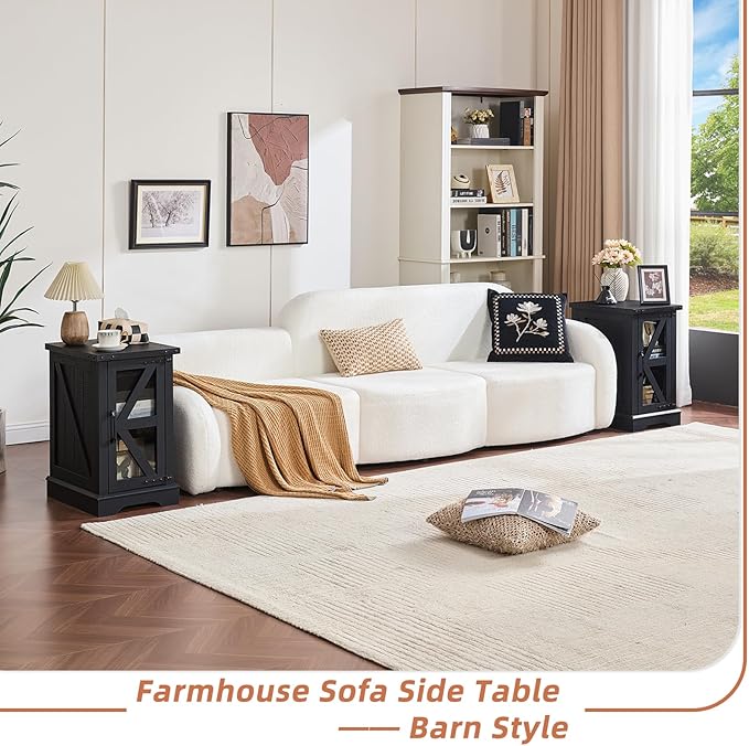 Farmhouse End Table Set 3, Narrow 18'' Night Stand with Glass Barn Door, 24" Square Side Table with Charger Station, Living Room Furniture Sets, Wood Nightstand Bedside Tables for Bedroom