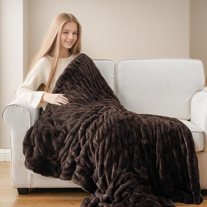 BATTILO HOME Dark Brown Faux Fur Throw Blanket for Bed, Double Side Reversible Ruched Faux Rabbit Fur Throw for Couch, Bed, Super Soft Blanket Cozy Warm Mink Blanket, 60"x80"