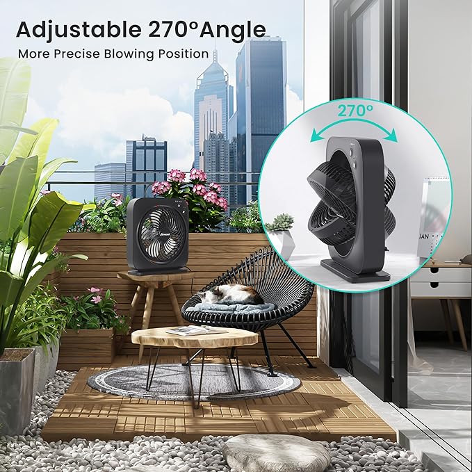 AMACOOL Table Fan, 12 inch Box Fan with 3 Adjustable Speeds & 8HRS Timer, 270° Pivoting Quiet Air Circulator, Desktop Fan for Bedroom Bathroom Kitchen Office, AC Adapter Included-Black