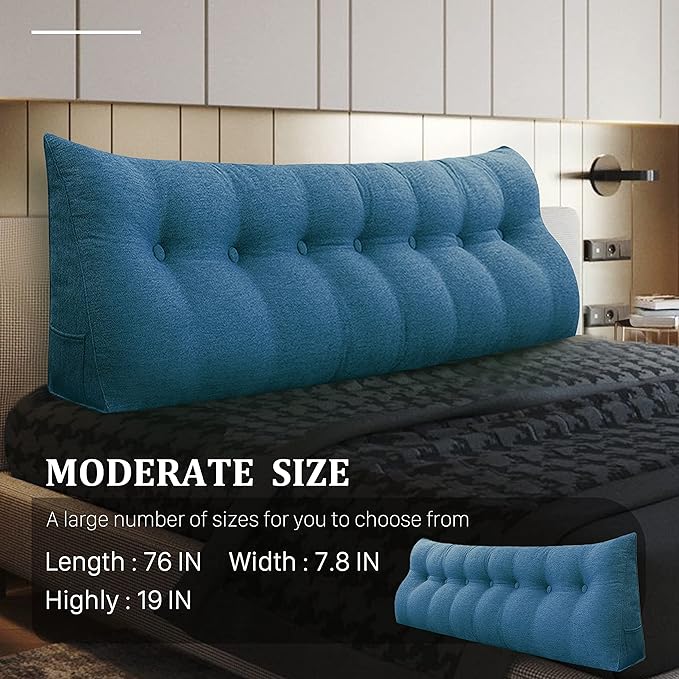 homecozy Wedge Headboard Pillow Dorm Room Reading Pillow Back Support for Sitting Up in Bed Bolster Lumbar Cushion Body Positioning Bedrest Cotton Linen 76in Blue King