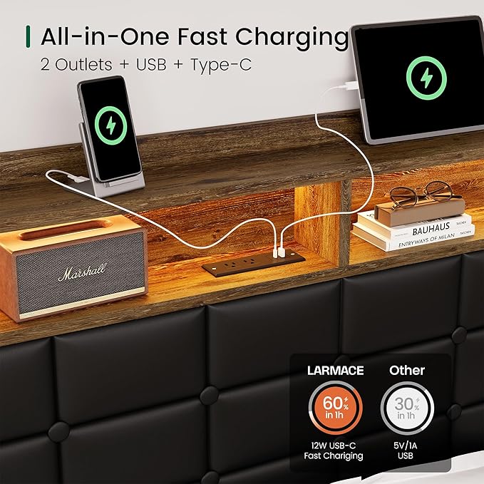 LARMACE Queen Size Bed Frame with 4 Storage Drawers and Bookcase Headboard, Faux Leather Upholstered, Wooden Platform Bed Frame with Charging Station and LED Lights, No Box Spring Needed, Brown