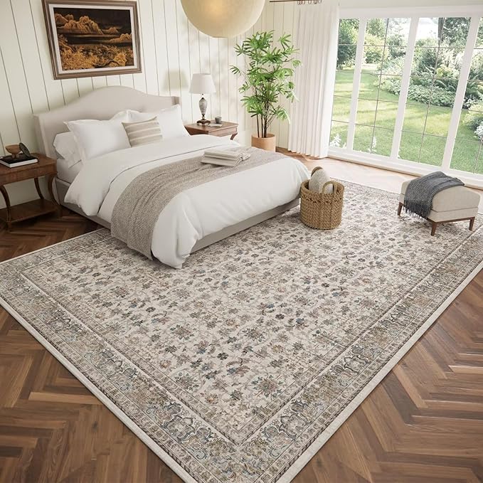 Washable 10x14 Area Rugs for Living Room, Boho Non-Slip Vintage Distress Large Rugs for Bedroom Dining Room Office, 0.3" Neutral Oriental Throw Thin Carpet, Cream/Blue/Orange/Multi