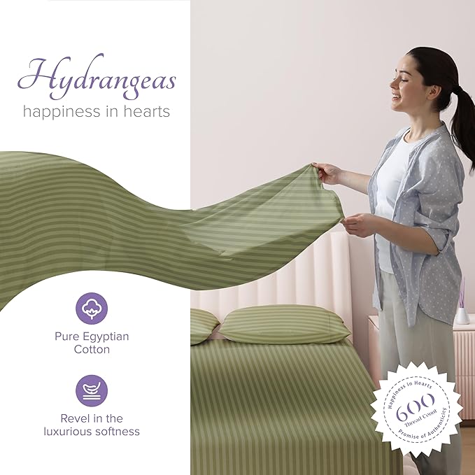 Carressa Linen Luxury Egyptian Cotton King Stripe Sheet Set - 600 Thread Count Extra Long Staple 4 PC Set, Herb Garden King Damask Sheets, Soft, Cooling Sateen Weave Sheets Upto 18 in Deep Pocket