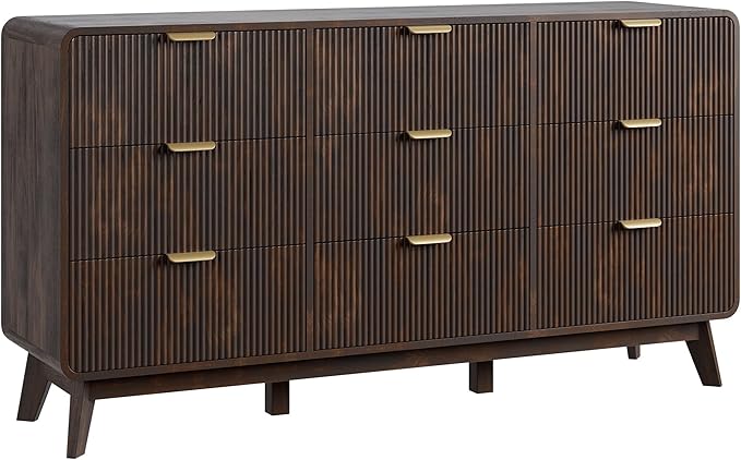 QUW Fluted 59.1" Wide Modern Dresser for Bedroom with 9 Drawers, Tall Chest of Drawers with Metal Handle, Wooden Dresser TV Stand, Hallway, Living Room, Dark Walnut