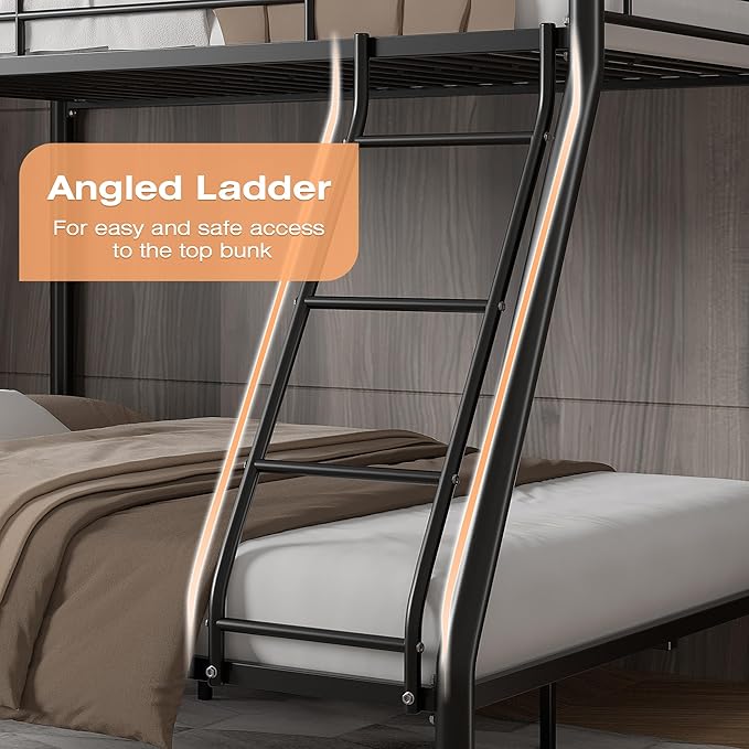 VECELO Bunk Bed Twin Over Full, Metal Bunkbeds with Ladder and Full-Length Guardrail, No Box Spring Needed, Space Saving, Noise Free, Matte Black