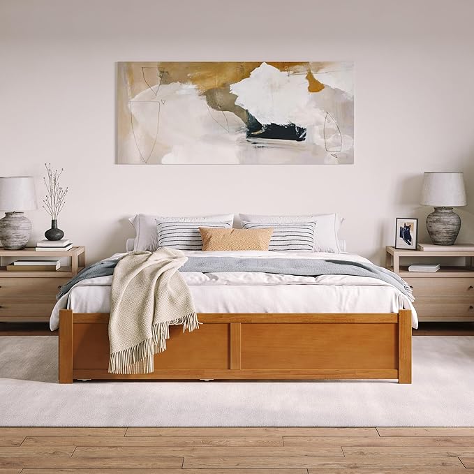 AFI Concord King Solid Wood Platform Bed with Footboard & Twin XL Trundle in Light Toffee