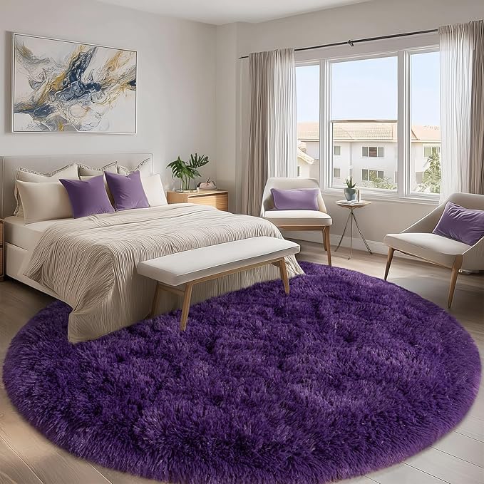 Round Purple Rug for Bedroom, 7 ft Circle Area Rugs for Living Room, Soft Large Fluffy Shag Carpet for Teen Girls Boys Nursery Room Dorm Home Decor Aesthetic
