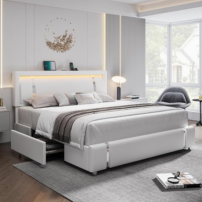 Keyluv King Size Bed Frame with RGB LED Lights & 2 Storage Drawers, Modern Upholstered Platform Bed with Iron Metal Decor, USB Charging Ports, White