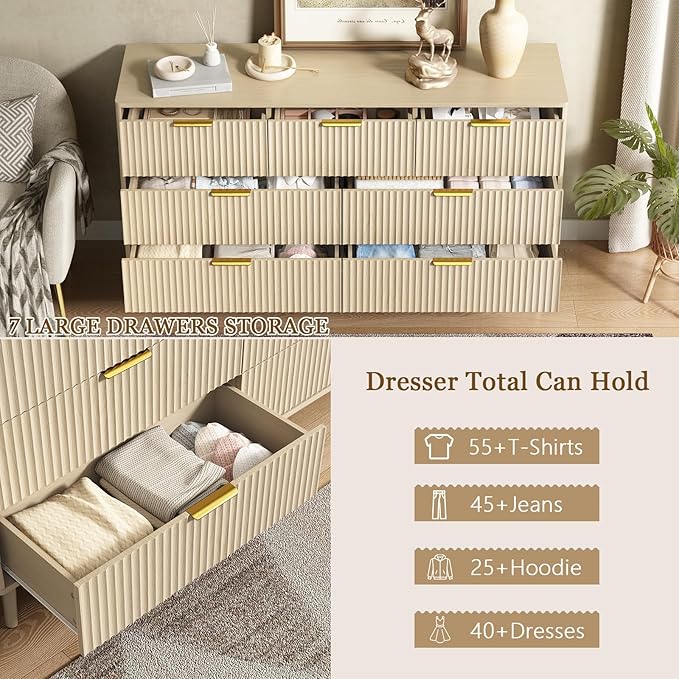 CARPETNAL Fluted 7 Drawer Dresser for Bedroom, 55" Wide Wooden Chest of Drawers with Rounded Corners, Gold Handles, Modern Storage Organizer for Bedroom, Hallway(Beige)