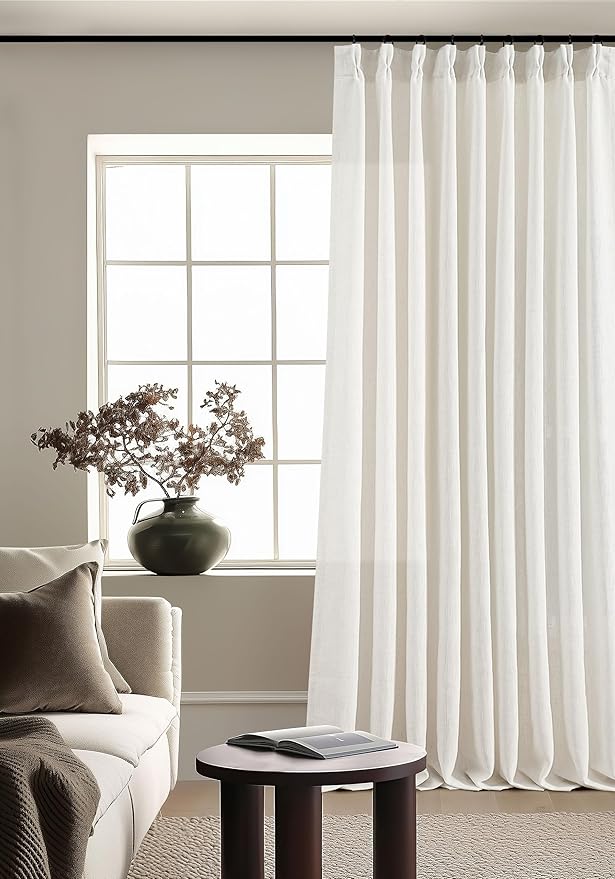 Extra Wide 60 Inch Width Pinch Pleated Curtains 96 Inch Length for Living Room Thick Linen Boho Curtain Memory Shape Light Filtering Privacy for Bedroom Large Windows Hooks Rings Cream 1 Panel 60x96