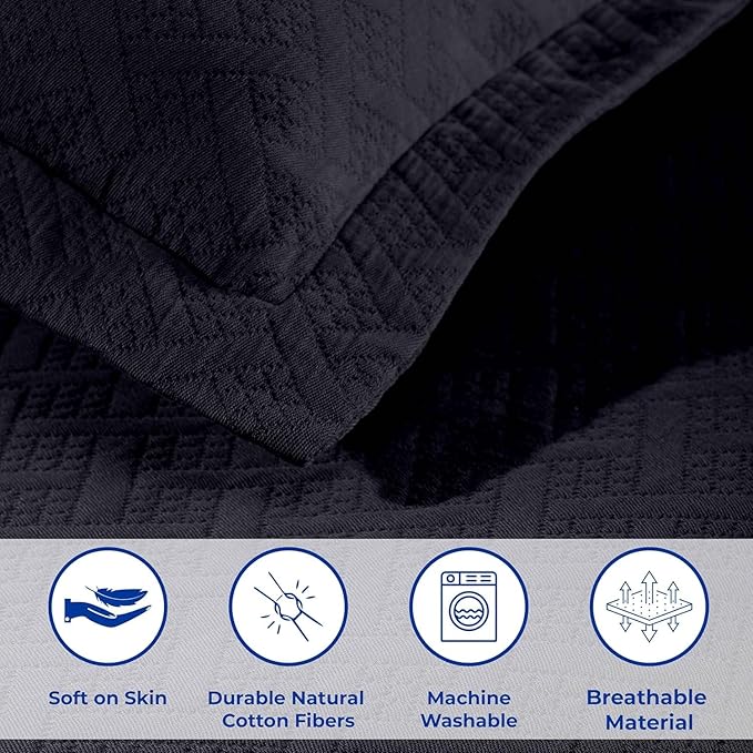 Superior 100% Cotton Basket Weave Bedspread with Shams, All-Season Premium Cotton Matelasse Jacquard Bedding, Quilted-Look Geometric Basket, Full, Navy Blue