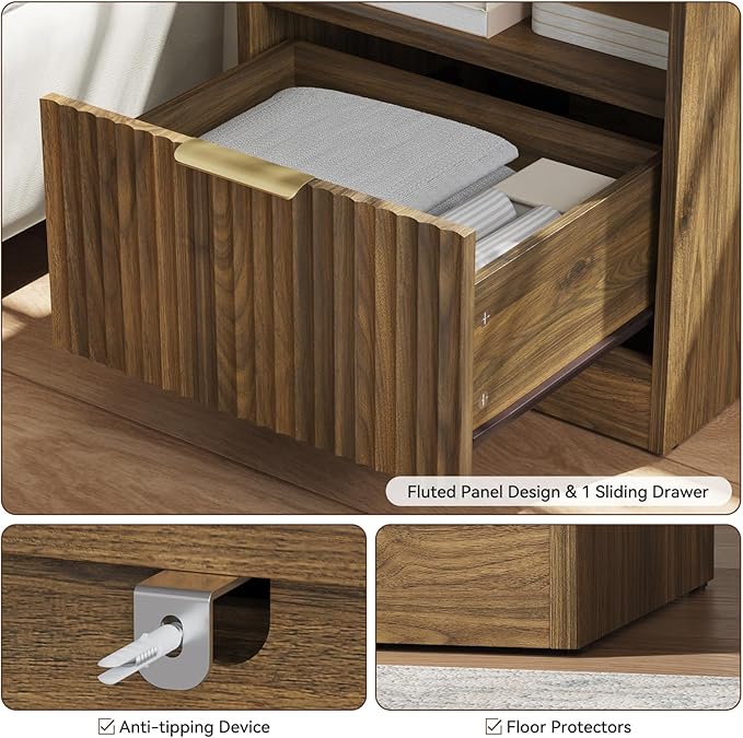 6 Drawer Dresser & Nightstand Set 3-Piece, 55” Wide Bedroom Set Night Stand Set of 2 with Metal Handle, Fluted Modern Wood Chest of Drawers Storage Dressers Set for Bedroom, Walnut